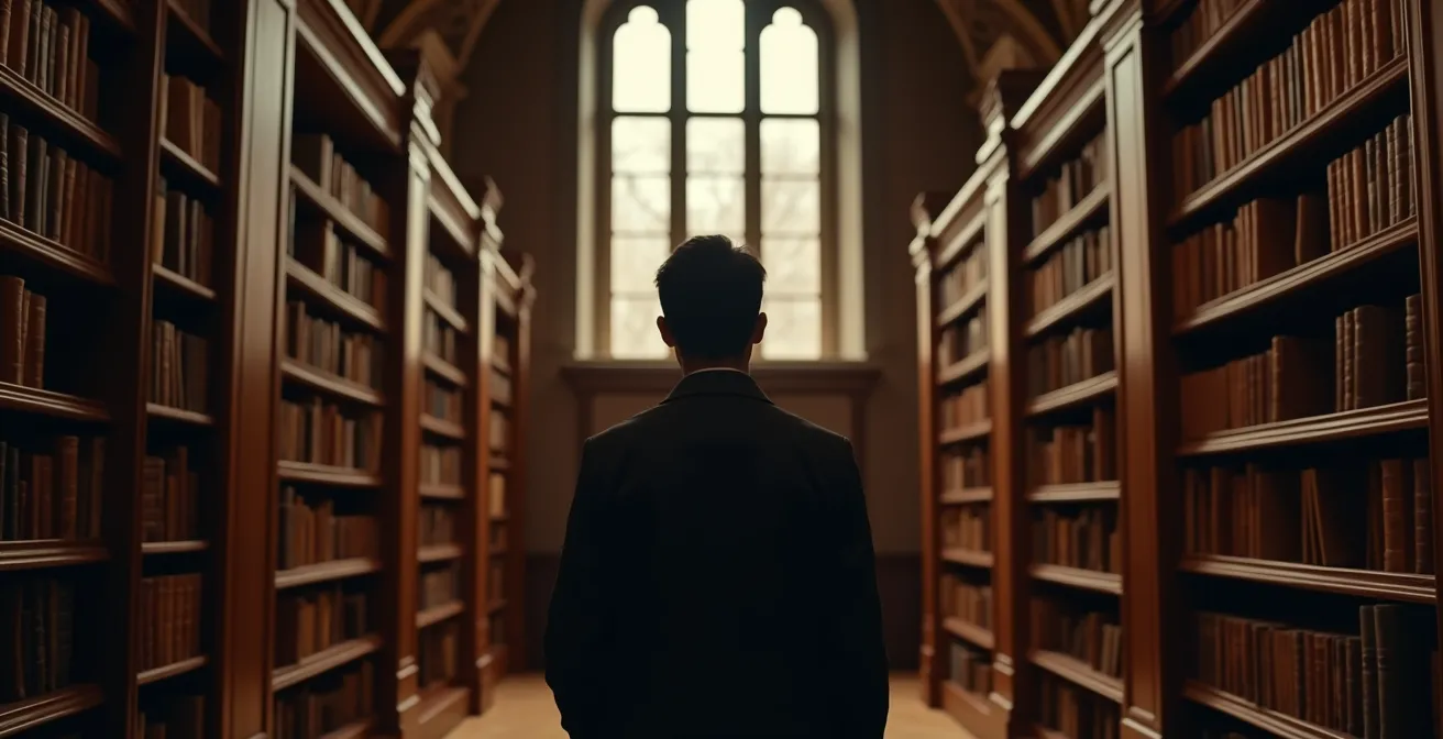 Personne contemplant des étagères remplies de livres anciens dans une bibliothèque privée