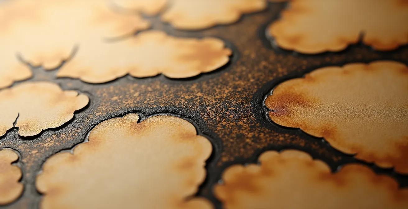 Détail macro d'encre ancienne sur papier texturé montrant les fibres et la patine du temps