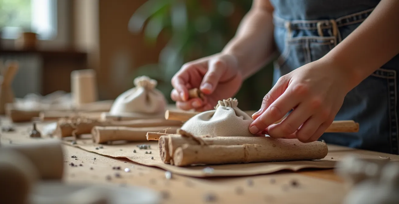Mains d'adulte et d'enfant assemblant ensemble un calendrier de l'Avent fait maison